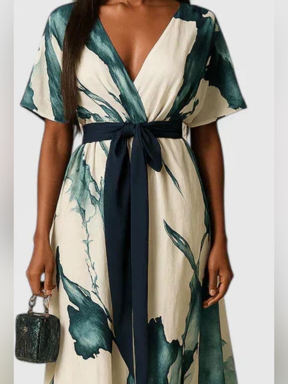 White Maxi Dress with Teal Brushstroke Print and Navy Waist Tie